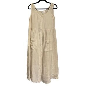 VTG MODA International‎ Cream Textured Linen Blend Button Front Midi Dress